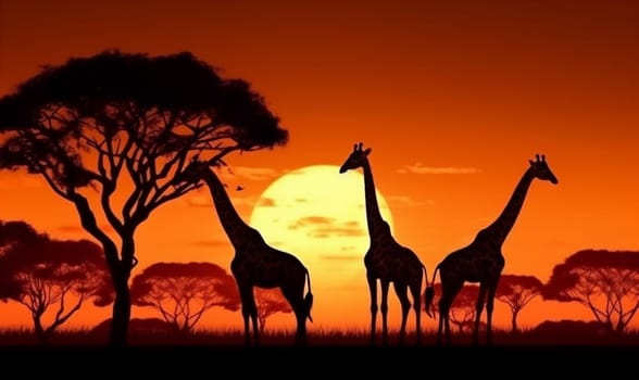 wild wildlife elephant travel silhouette sun nature giraffe summer kenya sunlight dawn horizon safari africa animal outdoor sunset sunrise. Generative AI.