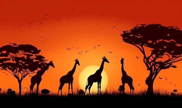 sunset nature giraffe lion adventure acacia africa safari kenya wildlife orange animal black african jungle silhouette sunrise elephant sky wild. Generative AI.