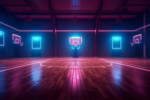 game light space neon background perspective basketball corridor empty net indoor hoop interior black hallway futuristic hall arena color score night virtual. Generative AI.
