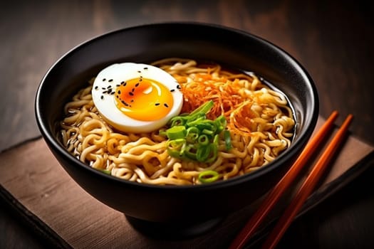 food broth soup japanese chopstick choi pak dark pasta lunch asian dinner traditional table cookery meal bowl ramen background noodle vegetable. Generative AI.