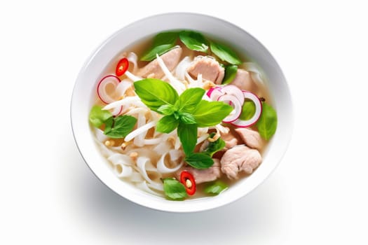 herb broth traditional bowl basil isolated lunch chili chinese asian copy meat healthy korea white soup vietnamese noodle background food space dish. Generative AI.