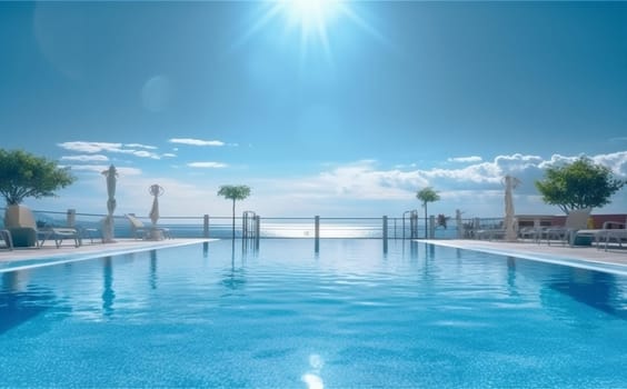water deck pool large holiday relaxation palm summer outside resort sun building home travel blue garden house swimming luxury hotel. Generative AI.