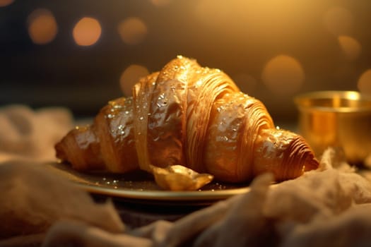 french gold cup food croissant dessert background fresh meal bokeh table morning bakery eatery bread drink pastry tea cappuccino background breakfast france. Generative AI.