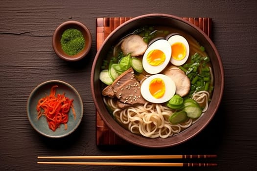 egg bowl asian dinner meat copy space soup meal vegetable chinese pasta ramen noodle boiled japanese miso chopstick food table spicey. Generative AI.