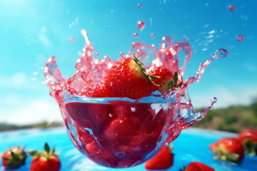 cherry fresh food juice organic azure strawberry beautiful splash healthy blue milk freshness water fruit white red natural background nature vegetarian. Generative AI.