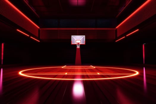 empty building neon hoop indoor color wall background interior nobody hall design basketball three-dimensional court bright corridor sport game match score arena. Generative AI.