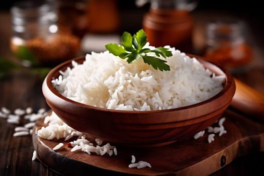 cooked uncooked healthy cuisine organic grain vegetarian traditional food meal natural bowl white culture spoon rice asian wood diet brown. Generative AI.