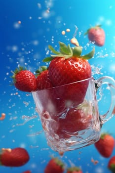 blue strawberry fall splashing splash food red wet freshness fallen background fresh sweet health air waterdrop water liquid fruit azure healthy. Generative AI.