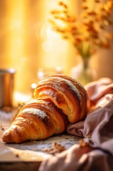food breakfast cafe bokeh bun table hot background eatery background cup french croissant caffeine bakery tea bokeh drink morning mug snack brown. Generative AI.
