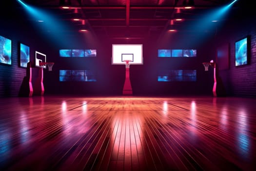 tunnel space arena game competition score indoor corridor virtual modern sport floor background basketball design wall light empty neon black hall interior. Generative AI.