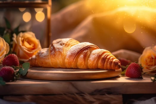 mug food table bakery bokeh wooden background snack cafe rustic meal caffeine closeup croissant fresh drink breakfast morning hot background cup delicious. Generative AI.