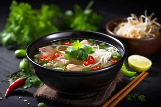 onion background dark white hot ramen pho soup lunch meal noodle spicey bowl vegetable cookery chili healthy japanese asian food ga chinese. Generative AI.