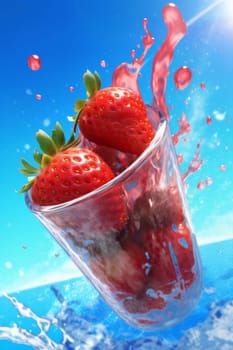 raw freshness red fruit blue splash fresh wet food clean background azure beautiful natural blue air water vegetarian strawberry healthy vitamin. Generative AI.