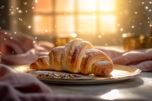 cafe background hot cup croissant eatery table bread bakery white food drink morning france snack copy bokeh pastry view bokeh breakfast background space. Generative AI.