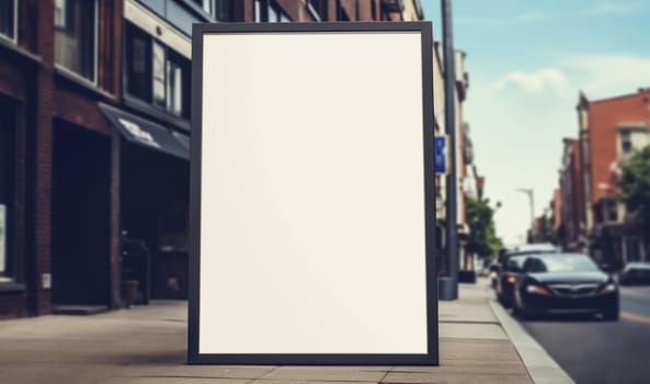 White paper poster mockup displayed outside the building restaurant. Marketing restaurant menu and business concept