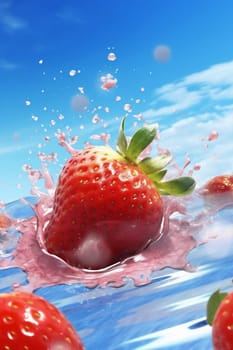 red berry background fruit freshness clear water food air raw fresh azure milk closeup wet bubble fall splash healthy strawberry blue. Generative AI.
