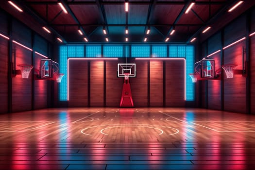 perspective match neon design basketball nobody indoor empty wall corridor hoop game hall three-dimensional arena tunnel hallway interior court background bright professional. Generative AI.