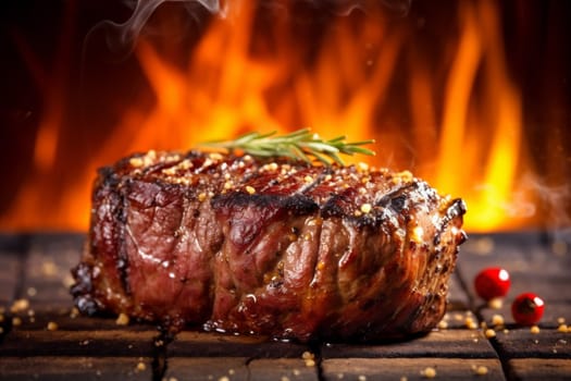 cooking dark meat fillet grilled steak top roasted food grill background red cut ingredient beef fried tasty wooden fire raw chop. Generative AI.