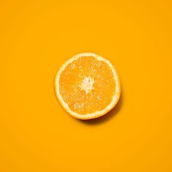 Orange, studio and slice of fruit for diet, vitamin C and healthy nutrition on isolated wallpaper or background. Food, organic and grocery for natural wellness, health and fruity citrus mockup.