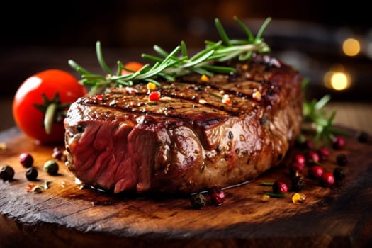 top fire background dark steak red smoke raw wooden meat food board black pork fried meal dinner chop grill beef herb. Generative AI.