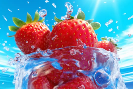 natural splashing closeup healthy drink red cherry splash freshness strawberry fruit blue azure bubble vegetarian food motion background juice fresh water. Generative AI.