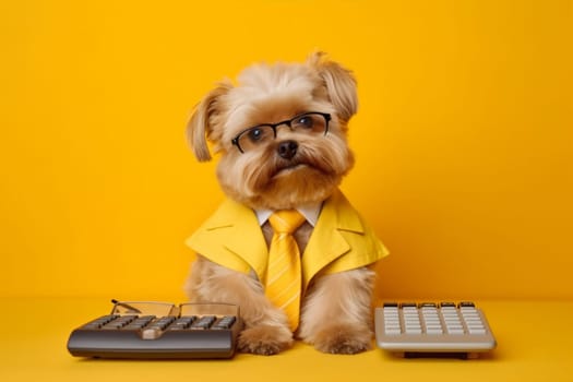 financial dog worker funny business computer datum humor office technology shocked pet background mathematic animal yellow isolated finance accountant profit adult. Generative AI.