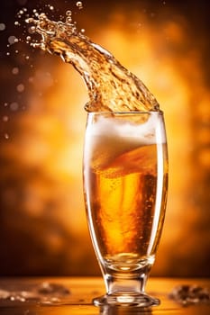 glass celebrate beer beverage gold splashing foam cool isolated yellow spill full gradient splash drop background drink cold bubble alcohol party. Generative AI.