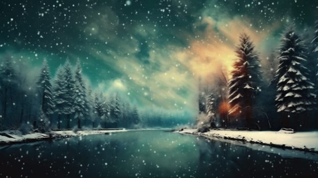 new frost scenery light christmas season night illustration tale pattern year landscape winter fir snow white ice background sky tree fairy star holiday. Generative AI.