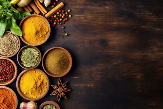 background turkish leaf seasoning powder cooking ingredient indian herb black kitchen food cuisine table spice salt dry spicy turmeric curry seed. Generative AI.