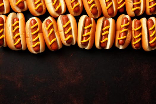 bread dog mustard fastfood american yellow snack dark frankfurter traditional fast unhealthy dinner tasty food sauce hot background sausage meat bun. Generative AI.