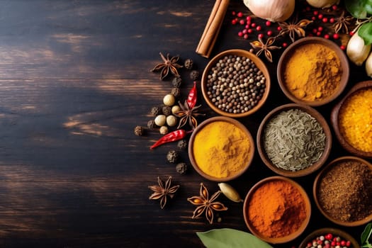 table top food curry chili herb condiment dry salt cuisine ingredient powder mix spoon spice indian organic background seasoning pepper cooking. Generative AI.