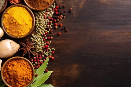 herb indian food seasoning spice top asian condiment powder cooking aromatic traditional various dry space table seed natural background aroma ingredient. Generative AI.