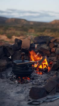 Something slow cooked is on the menu tonight. a traditional South African food being cooked by campfire outdoors