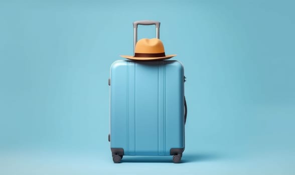 blue travel holiday hat summer hipster trip journey suitcase design airport bag voyage traveler vacation large background copy transportation object baggage. Generative AI.