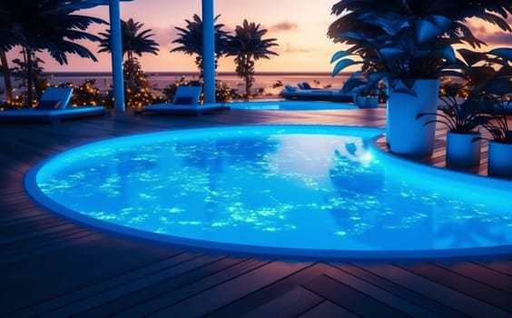 vacation summer hotel resort large water luxurious luxury tree night travel lighting pool light holiday view villa architecture suburban nature. Generative AI.