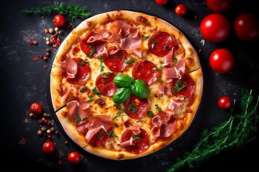 black tomato restaurant pizza background mozzarella food baked italy meal food copy salami top cheese fast sauce fresh vegetable italian delicious space herb. Generative AI.