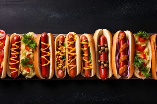 wooden dog hotdog grilled food ketchup meal sauce lunch american sausage meat bread fast tomato unhealthy fat background tasty relish hot. Generative AI.