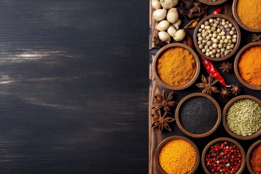 colorful dry background seasoning space group turkish ingredient herb powder mix food red spice cooking chili indian table paprika spoon spicy. Generative AI.