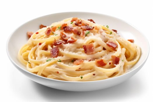 plate delicious isolated cream cheese italian bacon noodle mushroom sauce white spaghetti carbonara pasta food lunch background gourmet cuisine italy cooked. Generative AI.