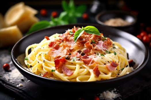 cooking plate creamy cuisine dark italian food sauce cheese carbonara cooked pepper meal pasta meat table egg fork spaghetti bacon. Generative AI.