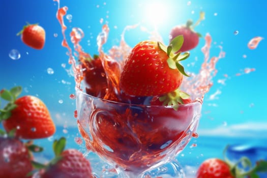 motion splash juice isolated hookah liquid sweet vitamin background blue water healthy raw red freshness food ingredient delicious strawberry fruit fresh. Generative AI.