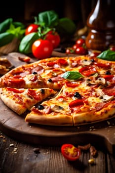fast traditional background baked meal top tomato table italian dark food pepper pizza copy margarita basil food homemade space snack delicious cheese black. Generative AI.