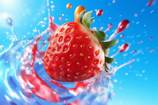 red fresh splashing fruit splash vitamin background strawberry milk water cherry food blue tasty background blue healthy freshness clear liquid motion. Generative AI.