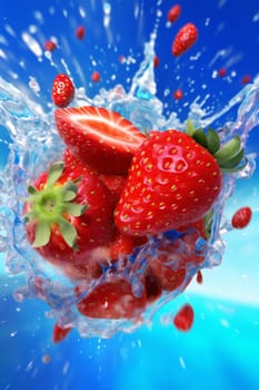 closeup health fruit food freshness fresh water ripe vegetarian azure motion strawberry liquid raw red background healthy clear splash waterdrop blue. Generative AI.