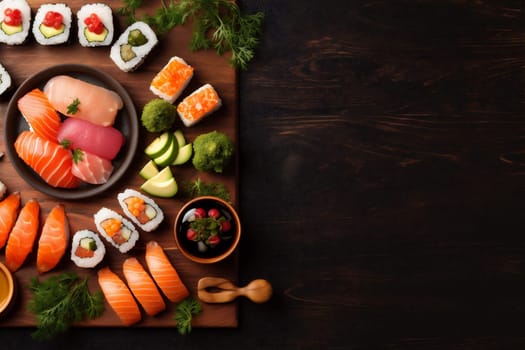 food seafood fish japanese meal maki tuna black rice restaurant set healthy fresh asia wasabi sushi california roll red asian. Generative AI.