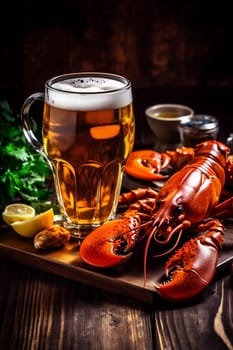 red crayfish crawfish beer food dinner wooden crab lobster snack cooked shellfish dark mug background beverage river healthy glass nutrition seafood. Generative AI.