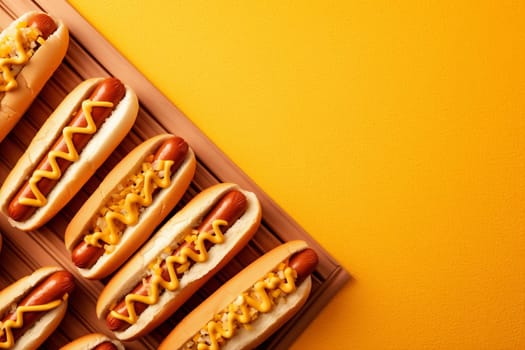 frankfurter dog snack hot food background yellow relish red delicious sausage barbecue bread dark meat wooden american lettuce sauce fast dinner. Generative AI.