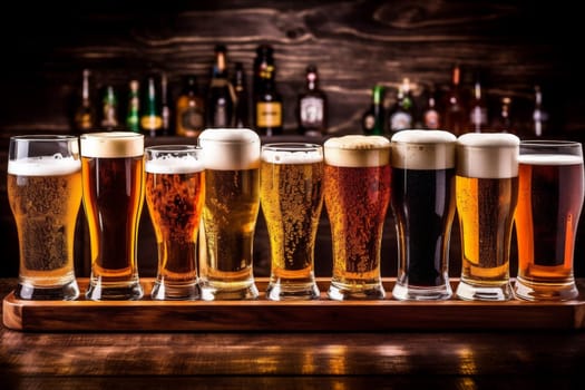 brewery table close pub up froth gold mug bar beer hop alcohol beverage lager glass pint foam craft golden drink full. Generative AI.