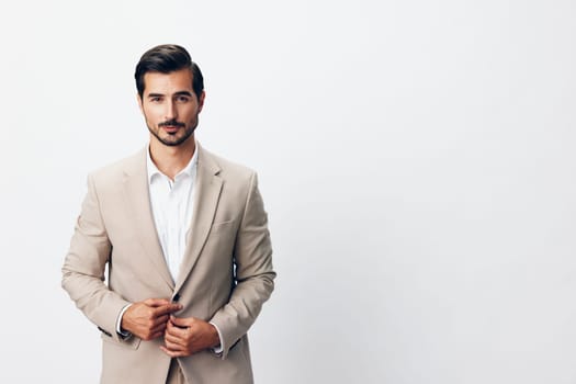 man beige copyspace happy attractive tie portrait smiling background arm success beard grey office folded fashion businessman confident handsome suit business