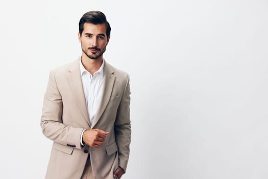 man business portrait formal handsome happy posing suit professional entrepreneur shirt copyspace smiling sexy background occupation beige model businessman white office